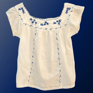 Just the Girls -- Off-White Cotton Blouse w/ Blue Embroidery -- Junior L